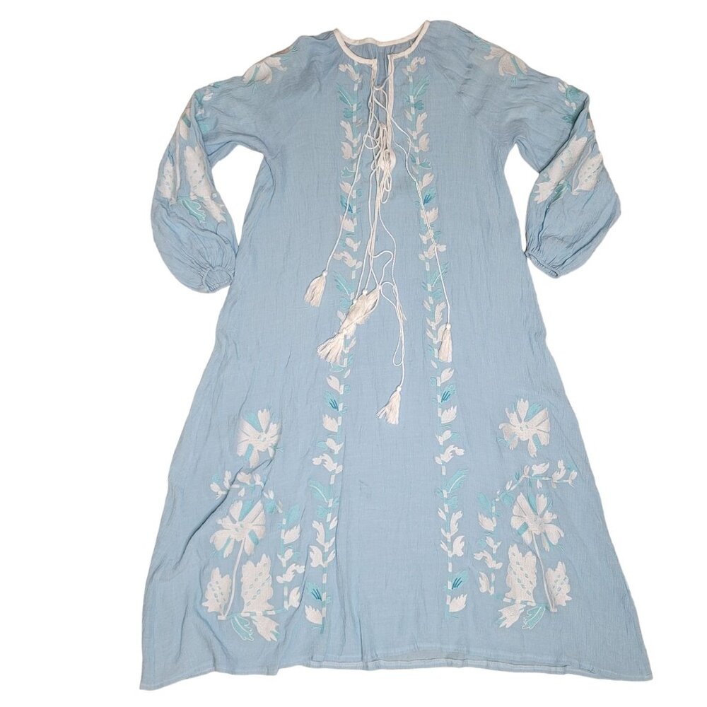 blue floral embroidered one size fits most oversized mumu maxi dress with tassel
